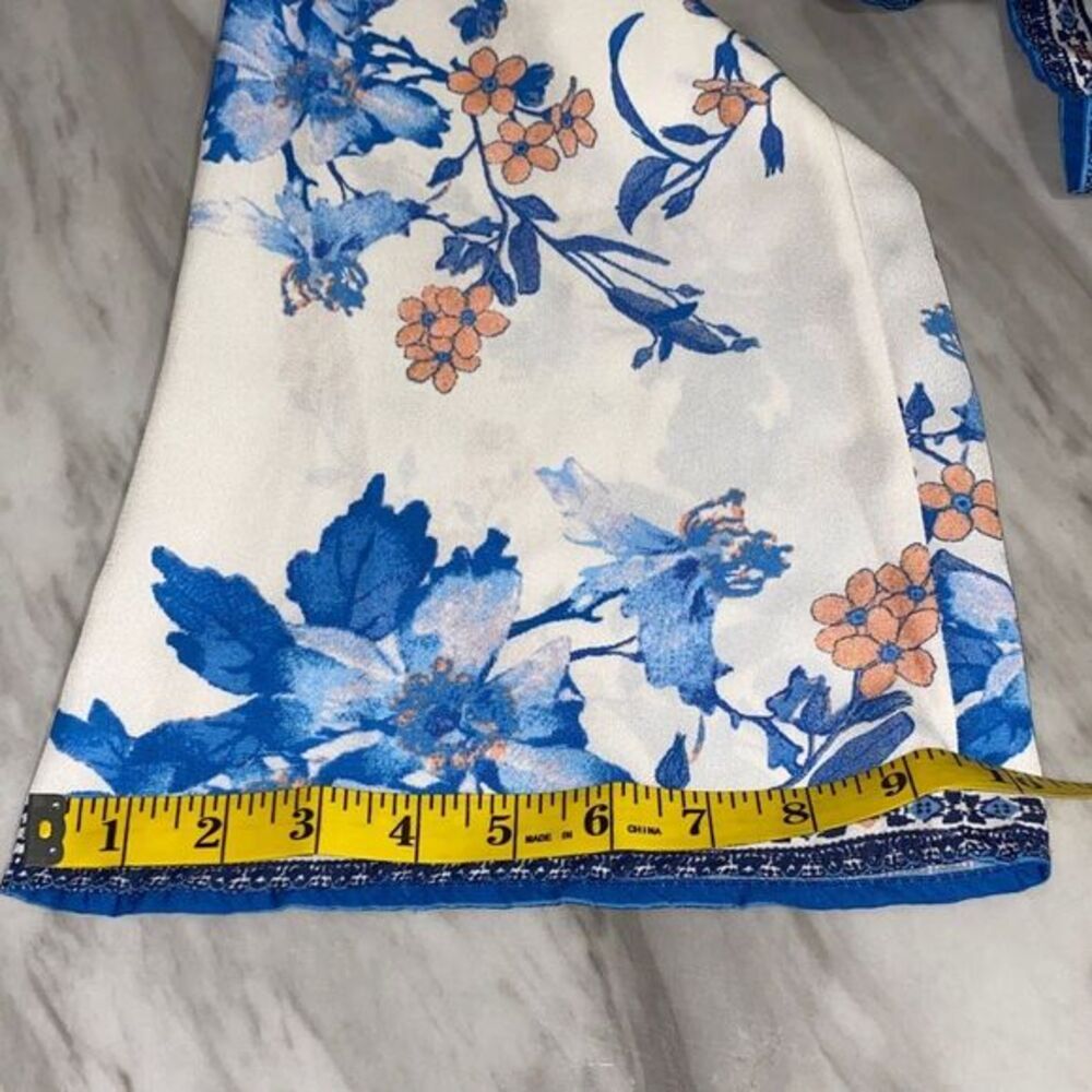 Vici White Floral Ruffle Tie-Front Blouse with Blue & Peach Accents - Picture 8 of 11